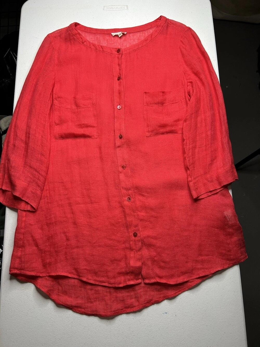 Eileen Fisher Women’s 100% Linen Red Button Up Size Medium 3/4 Sleeve